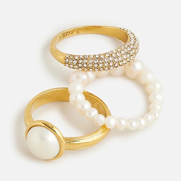 JCREW Pearl and Crystal Rings set-of-three NWT Size 8 Gold Finish - Picture 1 of 5